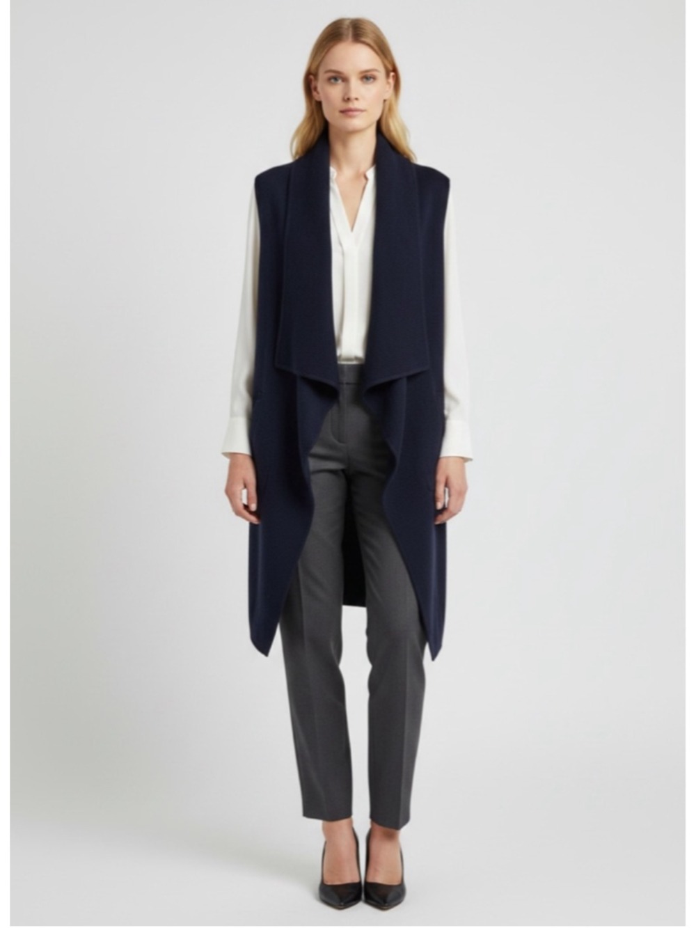 Donna Karan Pure Cashmere Waterfall Sleeveless Vest Cardigan Size Small Navy